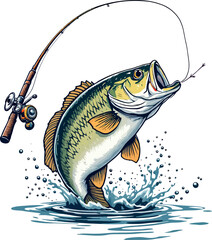 Vsai dynamic bass jumping out of water with fishing rod