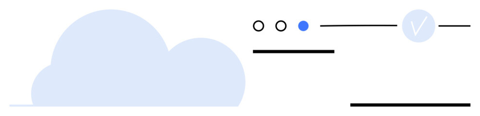 Cloud silhouette beside three circular status indicators and a verification checkmark. Ideal for technology, data storage, online services, security, networking, cloud services, IT support. Line