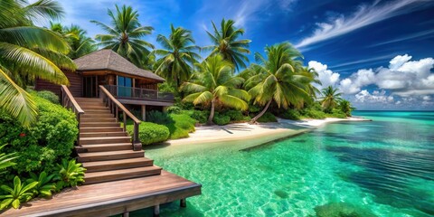 Fototapeta premium Luxurious villa on tropical beach with steps leading into crystal-clear turquoise water, surrounded by lush greenery and swaying palm trees , palm trees, access path