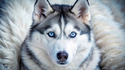 A detailed close-up shot of a Siberian Husky's piercing blue eyes surrounded by soft, fluffy fur, with a subtle expression of calmness and serenity, dog breeds, holy wolf