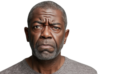 Serious senior black man frowning with transparent background
