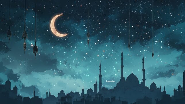 A serene sky with stars and a crescent moon, featuring a silhouette of an Islamic cityscape below. The word "Ramadan" is written in calligraphic style lettering, hanging from clouds above, on the left
