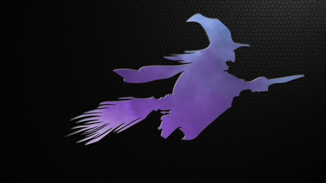 Flying Witch Silhouette Cutout on Black 4K Loop features a silhouette of a witch flying on her broom on a black surface and purple and blue smoke showing through in a loop.