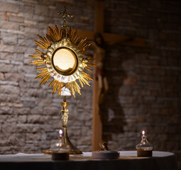 The Blessed Sacrament exposed for adoration in a community chapel.