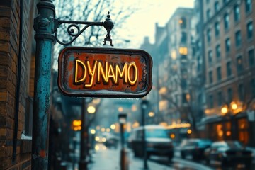 Obraz premium Rustic iron sign featuring illuminated neon letters spelling 