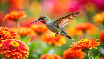 Fototapeta premium hummingbird hovering over vibrant orange flower surrounded by colorful blooms