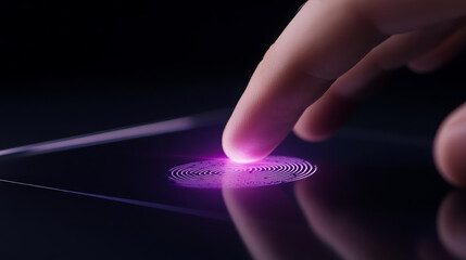 finger touches glowing fingerprint scanner on sleek surface, symbolizing technology