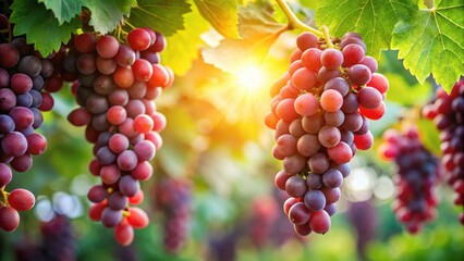 A cluster of plump red grapes hang from a stem on a leafy green vine, with sunlight filtering through the leaves, highlighting the vibrant colors and textures, juicy grapes, agricultural crop