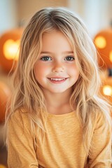 Fototapeta premium Young Child Smiling Amidst Halloween Pumpkins in a Festive Colorful Setting