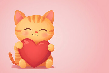 Cute cartoon cat holding a red heart against a soft pink background, perfect for love-themed designs