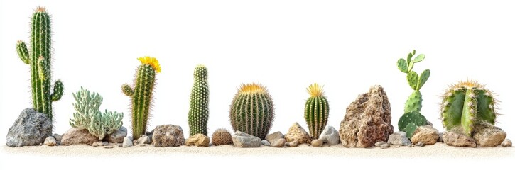 Desert Cactus Collection on Sand, White Background, for Design