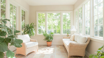 Bright sunroom with plants and comfortable seating, creating serene atmosphere