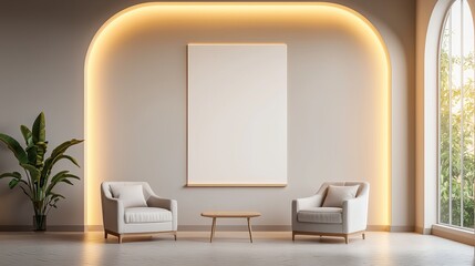 Elegant neutral living room featuring light beige armchairs, minimalist decor, and a serene atmosphere.