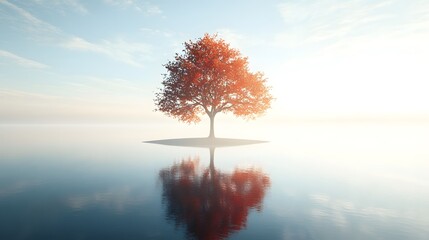 Solitary Autumn Tree on Calm Water Island