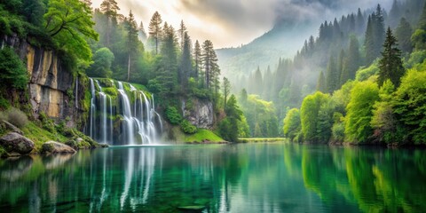 Serene green lake reflected in misty morning air with a majestic waterfall cascading down a rugged rocky cliff surrounded by lush vegetation and tall trees, peaceful atmosphere, scenic view