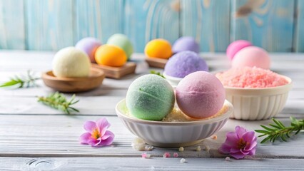 Colorful salt bath bombs arranged on a white wooden table in a minimalist still life composition