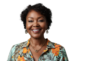 Smiling senior black woman with transparent background, perfect for easy editing