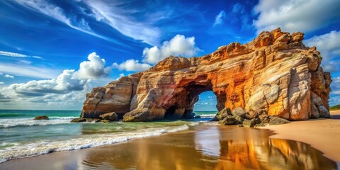 Dramatic rock face with a gaping hole carved out by the relentless ocean waves against the vibrant blue sky above on the pristine beach of Jericoacoara , hole, jericoacoara
