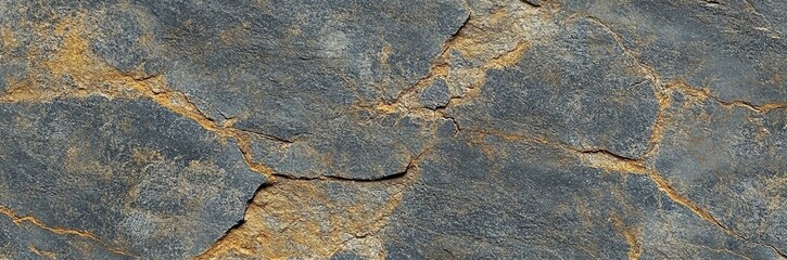 Gray rough mountain surface with yellow-brown veins and cracks. Close-up. Rock texture. Dark rusty stone background with copy space for design. Wide banner. Panoramic.