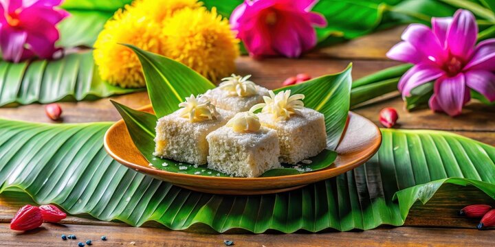 Sweet getuk lindri cake with grated coconut topping on a colorful wooden table