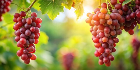 A cluster of ripe red grapes hanging from a lush green vine with leaves and stems