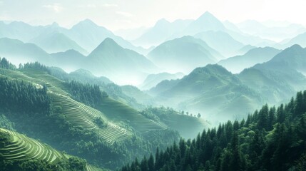 Fototapeta premium Misty Mountain Valley With Terraced Rice Fields