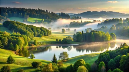 Obraz premium Rolling hills with lush green vegetation and a serene lake in the background, surrounded by tall trees and a misty morning atmosphere , beautiful landscapes, hill