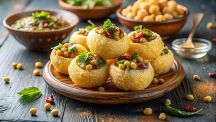 Crunchy Pani Puri filled with chickpeas and tamarind chutney, street food, chickpea