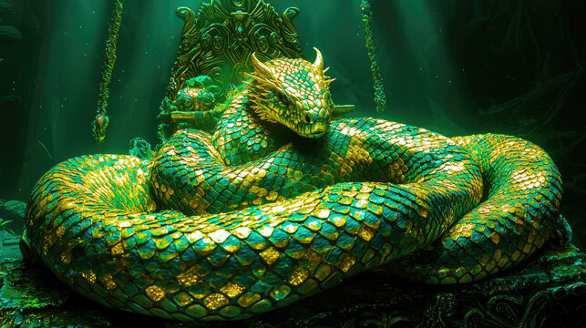 Majestic serpent resting on an ornate throne in an underwater realm with shimmering light