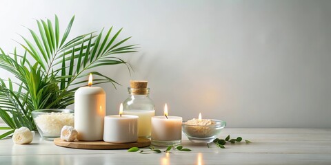 Soothing ambiance of a serene spa with candles and essential oils on a minimalist white background, calming, plant,  calming
