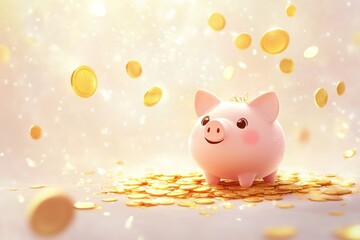 Pink Piggy Bank Surrounded by Gold Coins