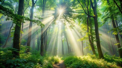 Fototapeta premium Light beams filtering through dense foliage in a mystical forest setting, trees, sunlight