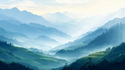 Obraz premium Misty Pixelated Mountain Valley Landscape