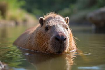 Capybara swimming in calm water reflecting nature's beauty
