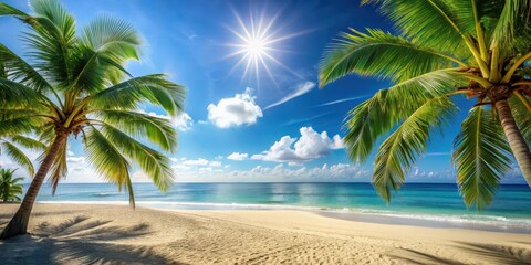 Obraz premium Sunny beach scene with palm trees and sand, coastal, sandy beach