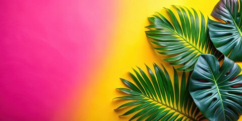 Exotic tropical leaves on a vibrant pink and yellow gradient background vertical , green, floral ,  green, floral