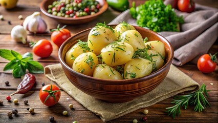Boiled Potatoes in a Bowl with Fresh Herbs, vegetables, herbs