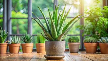 Fototapeta premium Aloe Vera plant with thick green leaves and tall stem in a modern pot, indoor garden, garden, indoor garden