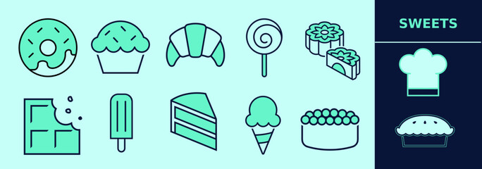 Sweets LINE icon set for logo and digital work. Sweets silhouettes of doughnut, lollipop, croissant, chocolate, popsicle, cake, pie, chef hat. Editable elements, size and color.