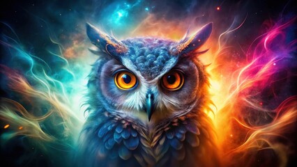 Fototapeta premium A mystical owl's eyes glow with an ethereal light amidst a swirling vortex of smoke and shimmering colors, as if the owl is seeing through dimensions , vortex, colors
