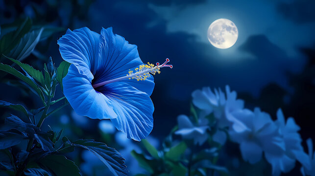 A blue flower with a yellow center is in the foreground of a dark sky with a ful