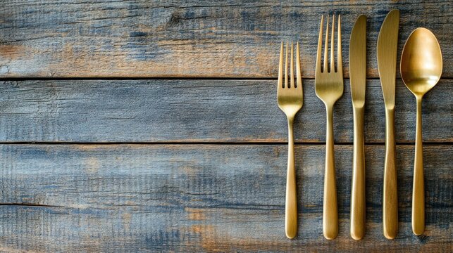 Gold cutlery on rustic wooden table