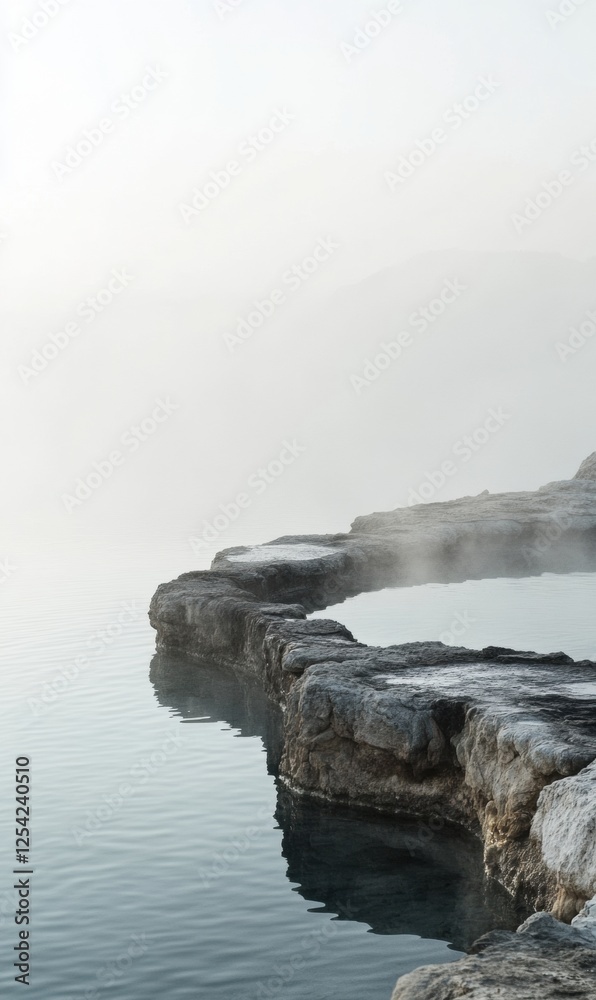 Poster serene hot spring with steam rising over rocky edges at dawn in a tranquil natural setting. generati