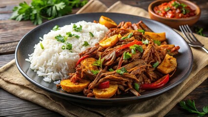 Tender Ropa Vieja on a plate with crispy plantains and steamed rice