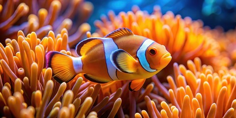 Brightly colored clownfish swimming amidst a cluster of vibrant sea anemones with wavy tentacles , Orange and Yellow Colors, Marine Life