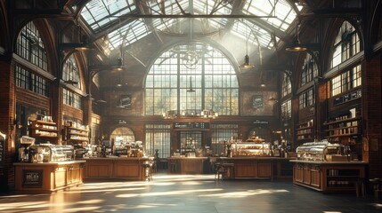 Industrial cafe interior, sunlit, spacious, and modern