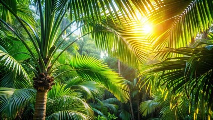 Fototapeta premium A serene summer day with warm sunlight filtering through the dense green leaves of a majestic palm tree, casting dappled shadows on the surrounding foliage , natural beauty, dappled shadows