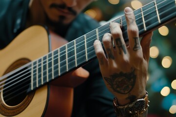 Obraz premium Musician plays guitar with intricate tattoos on hand against a festive backdrop