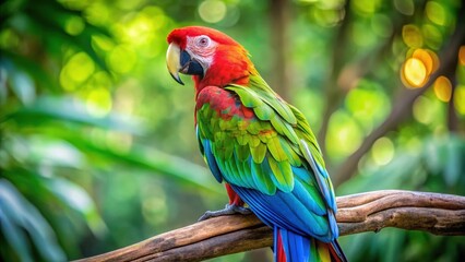 Obraz premium Macaw Perched On Tree Branch Displaying Bright Plumage Vibrant Green Feathers Colorful Nature , avian beauty, bright plumage