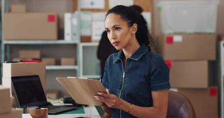 Woman, writing and checklist in small business for logistics, inventory management or stock control. Employee, thinking or clipboard in office for supply process, ecommerce order list or distribution